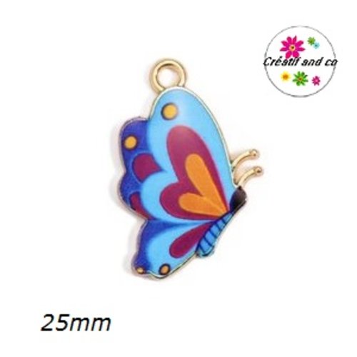 Breloque papillon doré et émail ton bleu  25mm