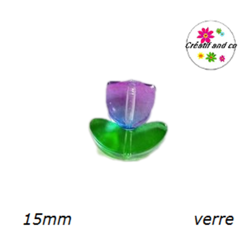 Perle d'espacement tulipe bleu/mauve translucide en verre 15mm