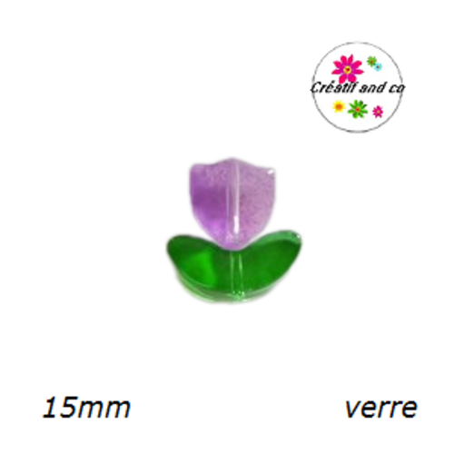 Perle d'espacement tulipe mauve translucide en verre 15mm