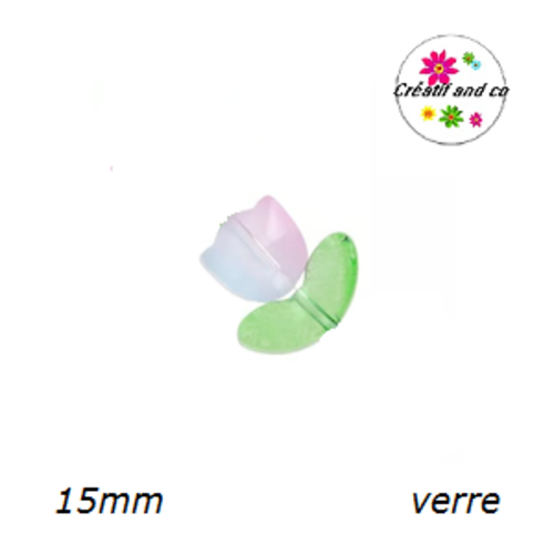 Perle d'espacement tulipe bleu/rose translucide en verre 15mm