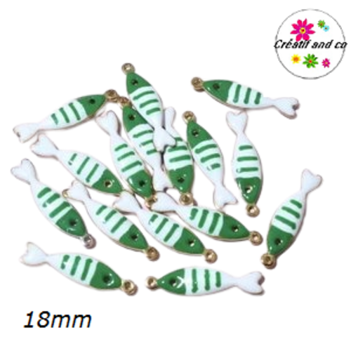 Breloque poisson blanc/vert émail 18mm