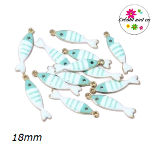 Breloque poisson blanc/vert clair queue blanche émail 18mm