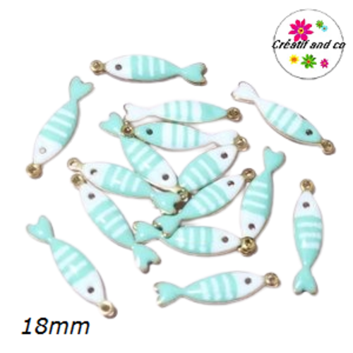 Breloque poisson blanc/vert clair queue verte émail 18mm