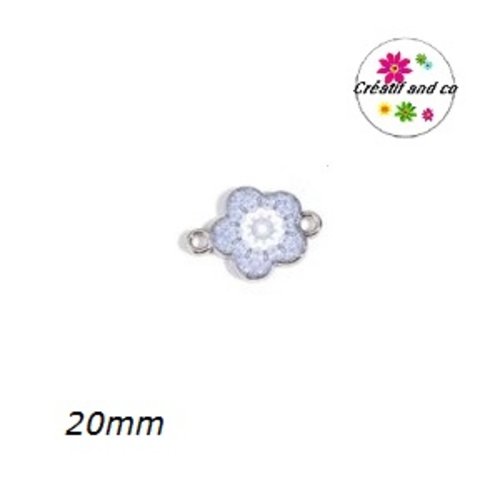 Connecteur fleur mandala gris/blanc émail 20mm