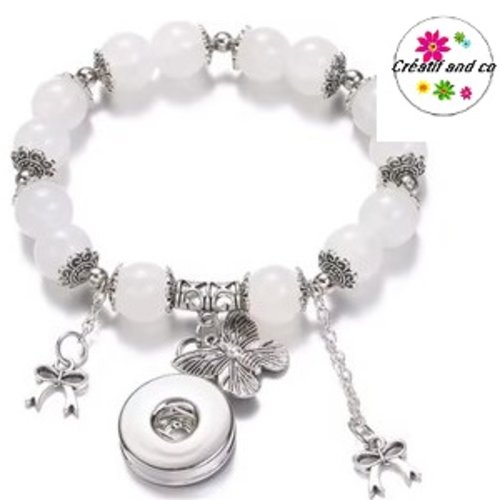 Bracelet élastique avec perle blanche rosé pour bouton pression 18mm