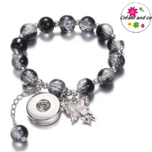 Bracelet élastique avec perle noire/grise  pour bouton pression 18mm