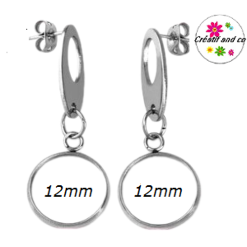 Boucle d'oreille pendante acier inoxydable cabochon 12mm