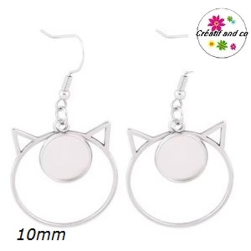 Boucle d'oreille tête de chat et support cabochon 10mm