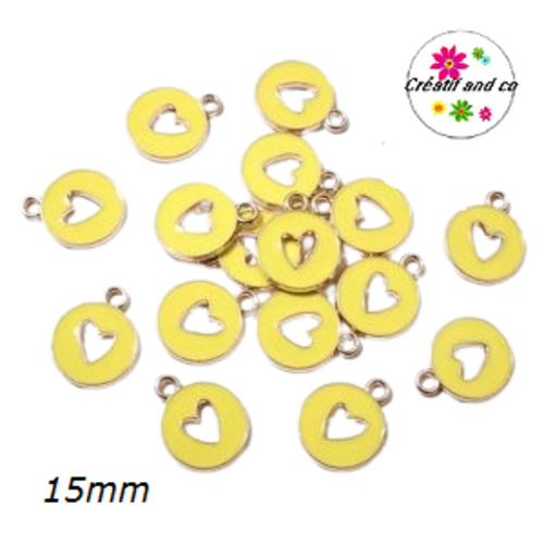 Breloque médaillon coeur creux central jaune 15mm