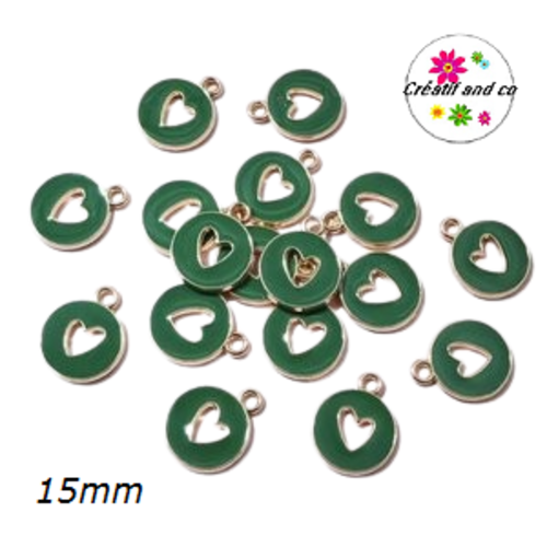 Breloque médaillon coeur creux central vert foncé 15mm