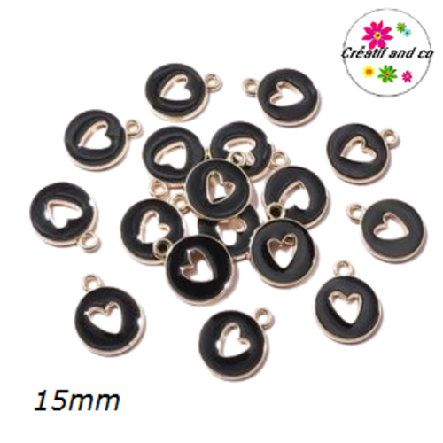 Breloque médaillon coeur creux central noire 15mm