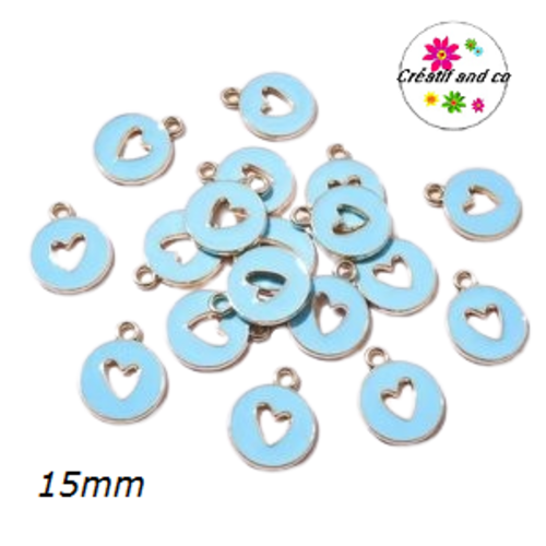 Breloque médaillon coeur creux central bleu 15mm