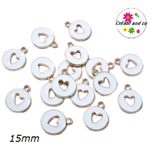 Breloque médaillon coeur creux central blanc 15mm