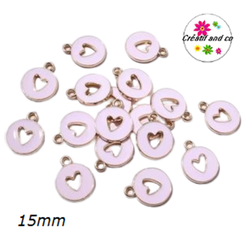 Breloque médaillon coeur creux central rose pâle 15mm