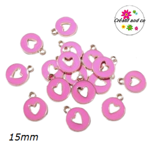 Breloque médaillon coeur creux central rose fuschia 15mm