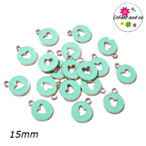 Breloque médaillon coeur creux central vert 15mm
