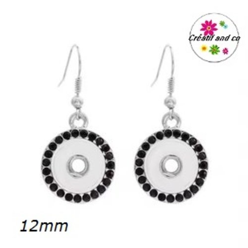 Boucle d'oreille pendante strass noir bouton pression 12mm
