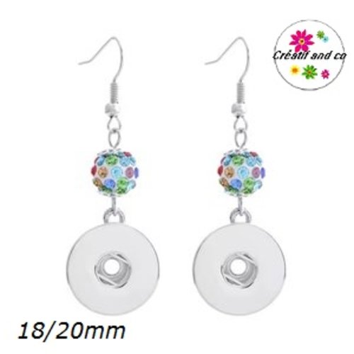 Boucle d'oreille pendante perle strass multicouleur  bouton pression 18mm