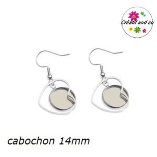 Boucle d'oreille coeur acier inoxydable cabochon 14mm