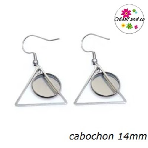 Boucle d'oreille triangle acier inoxydable cabochon 14mm