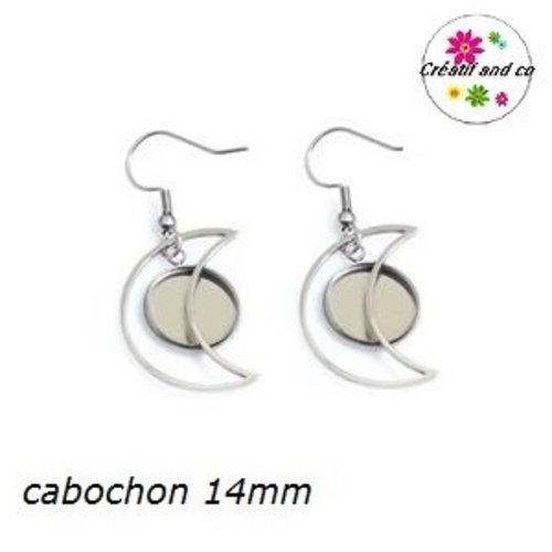 Boucle d'oreille lune acier inoxydable cabochon 14mm