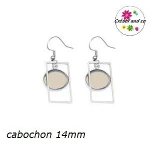 Boucle d'oreille rectangle acier inoxydable cabochon 14mm
