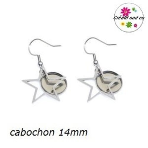 Boucle d'oreille étoile acier inoxydable cabochon 14mm