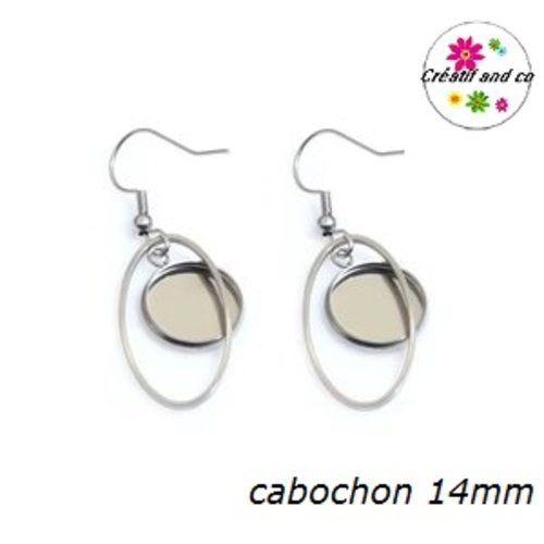 Boucle d'oreille ovale acier inoxydable cabochon 14mm