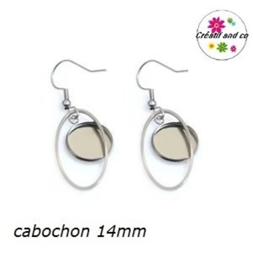 Boucle d'oreille ovale acier inoxydable cabochon 14mm