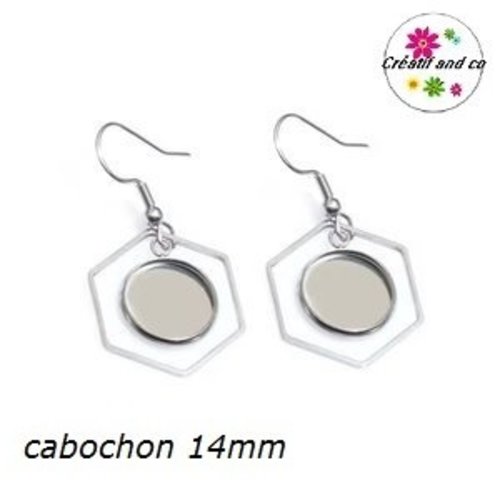 Boucle d'oreille hexagone acier inoxydable cabochon 14mm