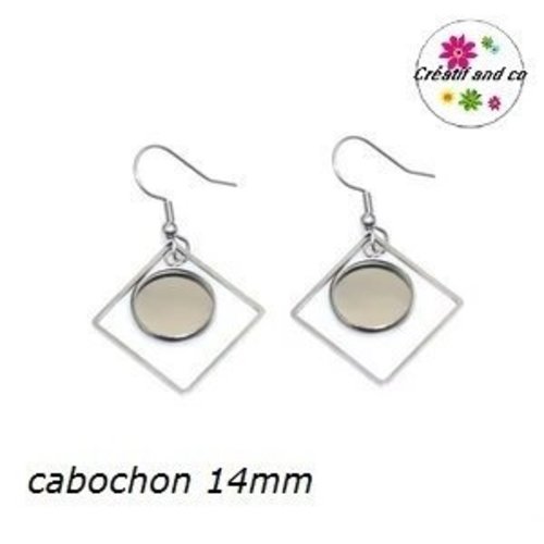 Boucle d'oreille carrée acier inoxydable cabochon 14mm