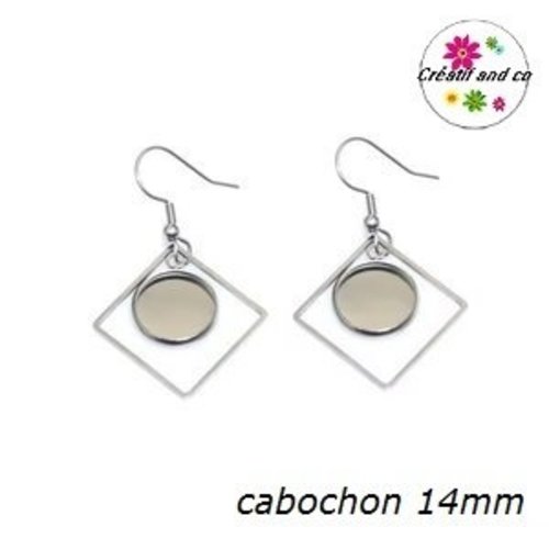Boucle d'oreille carrée acier inoxydable cabochon 14mm