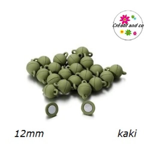 Fermoir magnétique rond boule kaki 12mm