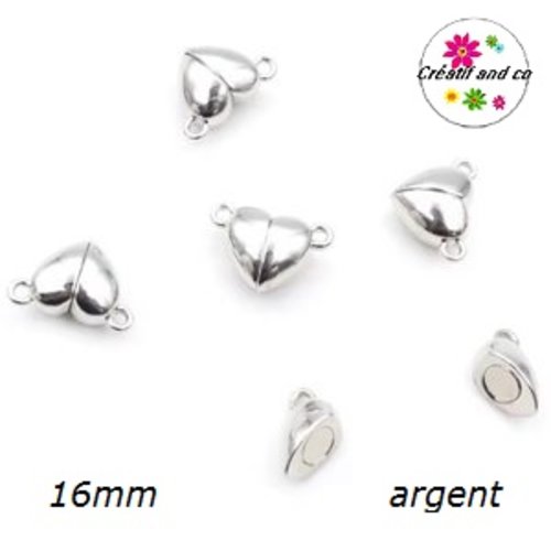 Fermoir magnétique forme coeur argenté 16mm