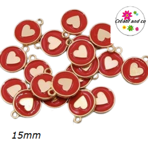 Breloque médaillon rouge coeur doré central 15mm