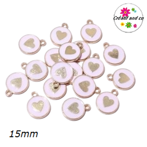 Breloque médaillon rose coeur doré central 15mm