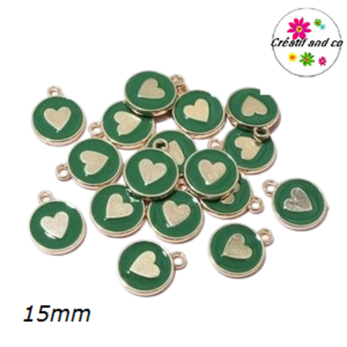 Breloque médaillon vert foncé coeur doré central 15mm