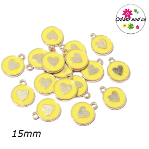 Breloque médaillon jaune coeur doré central 15mm