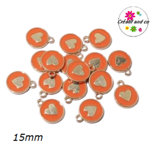 Breloque médaillon orange coeur doré central 15mm