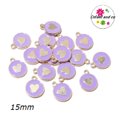 Breloque médaillon mauve coeur doré central 15mm