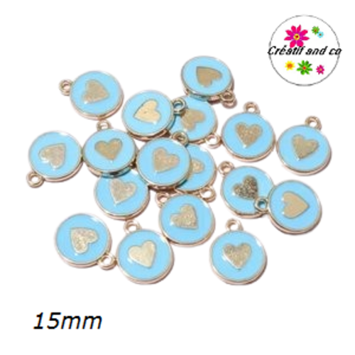 Breloque médaillon bleu coeur doré central 15mm