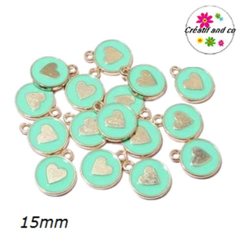 Breloque médaillon vert coeur doré central 15mm