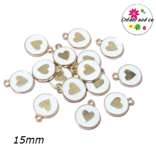 Breloque médaillon blanc coeur doré central 15mm