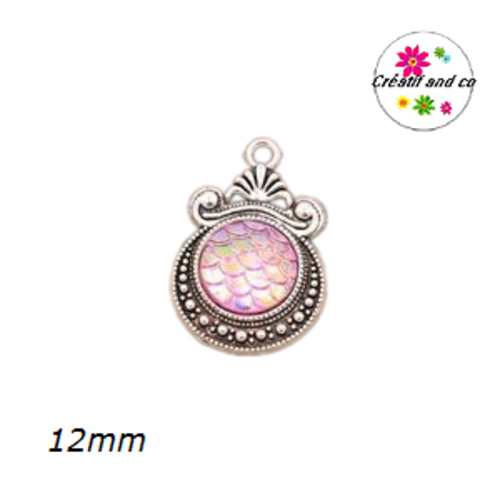 Pendentif argent tibétain cabochon écaille rose 12mm