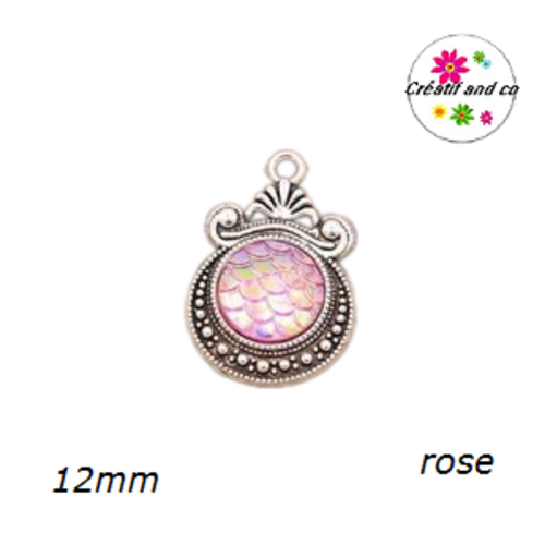 Pendentif argent tibétain cabochon écaille rose 12mm