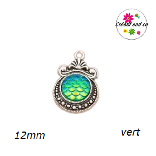 Pendentif argent tibétain cabochon écaille vert 12mm