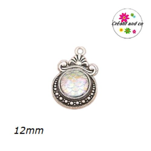 Pendentif argent tibétain cabochon écaille blanc brillant 12mm