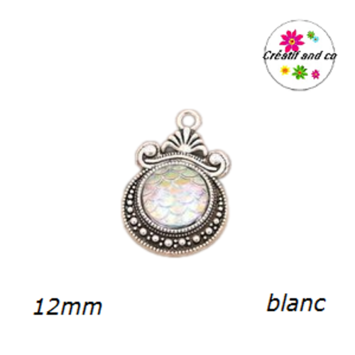 Pendentif argent tibétain cabochon écaille blanc brillant 12mm
