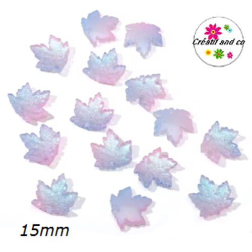 Breloque feuille d'érable bleue/rose en verre 15mm