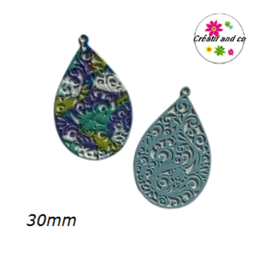 Breloque filigrane goutte colorée 30mm